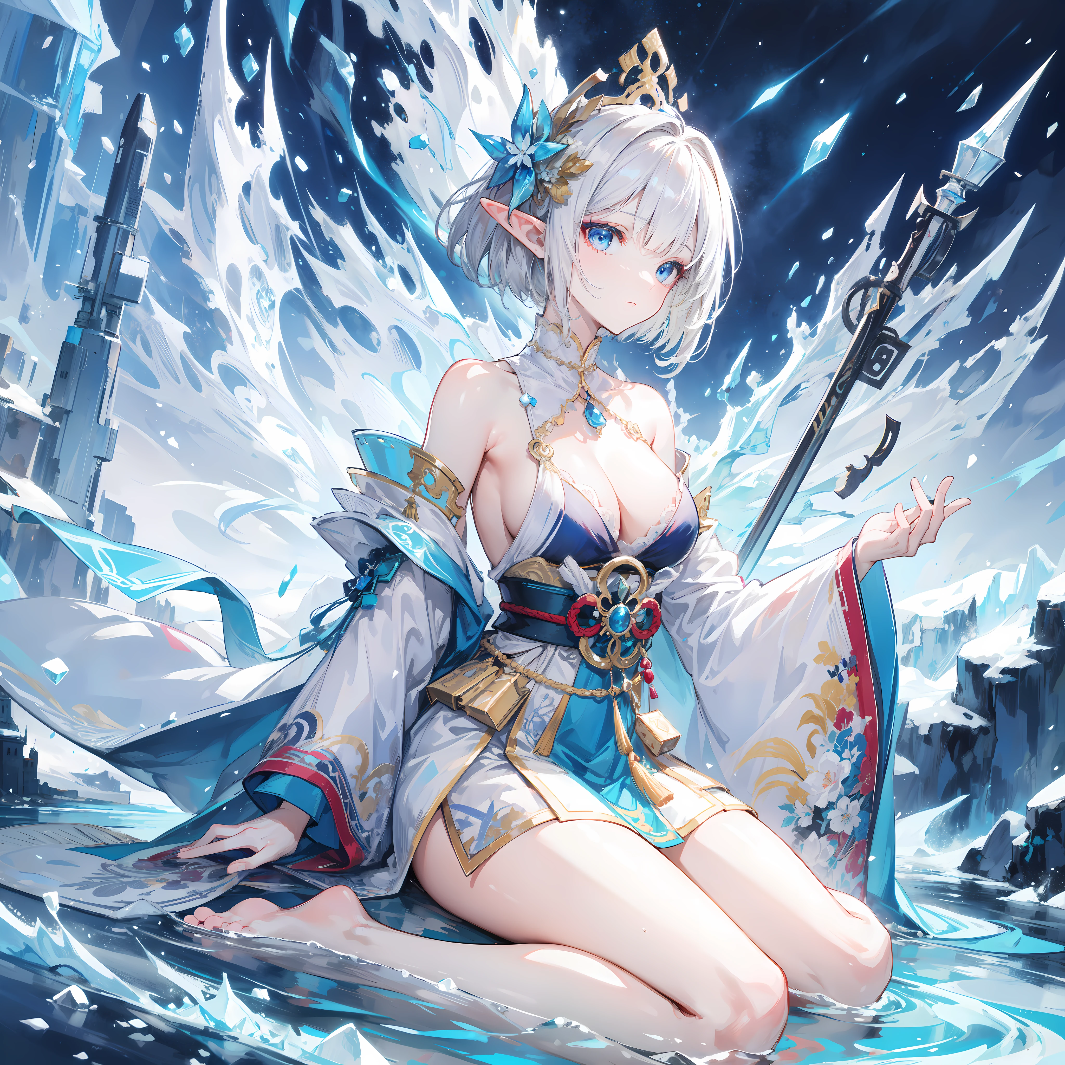 ((masterpiece )), (top quality), (best quality), ((ultra-detailed, 8k quality)), Aesthetics, Cinematic lighting, (detailed line art), Beautiful digital artwork, Exquisite digital illustration，painting, 
BREAK,
Painting of a elf girl with white hair sitting on the hill with a castle on the water，Onmyoji detailed art，barefoot, in Iceland, a beautiful artwork illustration，mythological creatures, Inspired by the mythical creature wildnet，Digital art on Pixiv，strong lights，hight contrast，outdoors, Dynamic angle, 
BREAK,
highly detailed of (elf), (1girl), perfect face, details eye, Bob cut hair, Blunt bangs, (hair between eye), blonde white hair, blue eyes, eyelashes, eyeshadow, pink eyeshadow, light smile, design art by Artgerm, by Kawacy, By Yoshitaka Amano,
BREAK, 
((perfect anatomy)), nice body, medium breast, extremely detailed finger, best hands, perfect face, beautiful face, beautiful eyes, perfect eyes, perfect fingers, correct anatomy, 
BREAK,
tree, lake, mountain, tundra, ice, mountains of snow, northern lights, blizzard, cold, frost, Broken Glass effect, no background, stunning, something that even doesn't exist, mythical being, energy, molecular, textures, iridescent and luminescent scales, breathtaking beauty, pure perfection, divine
