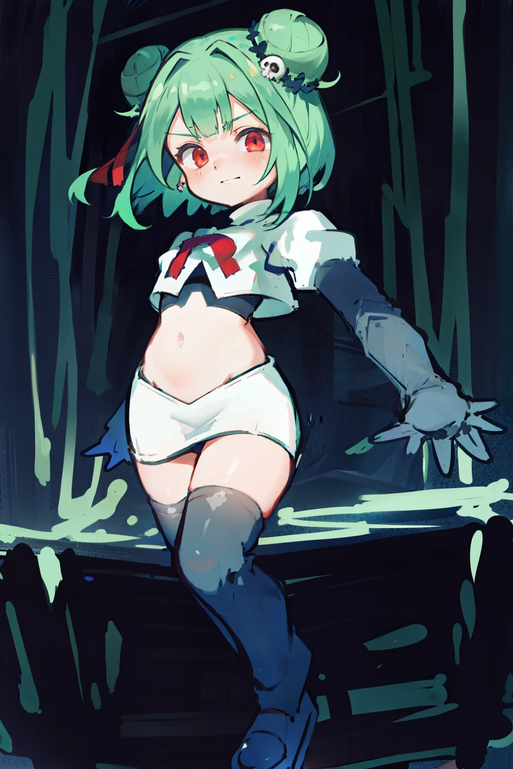 bluerushia, green hair, double bun, red eyes, short hair, blue bow, skull hair ornament, team rocket,team rocket uniform, red letter R, white skirt,white crop top,black thigh-highs, black elbow gloves,