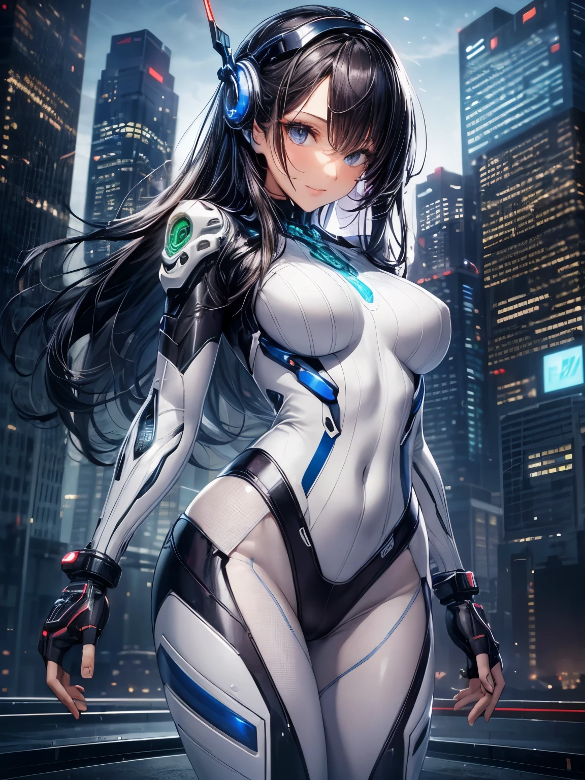 highest quality、complete limbs、full finger、1 beautiful woman、Beauty busty woman:1.3、black haired woman、big smile、((Hairstyle with middle parting:1.3))、straight hair woman、((White Cyber Suit:1.5))、Smooth cyber suit、skyscrapers at night、fighting stance