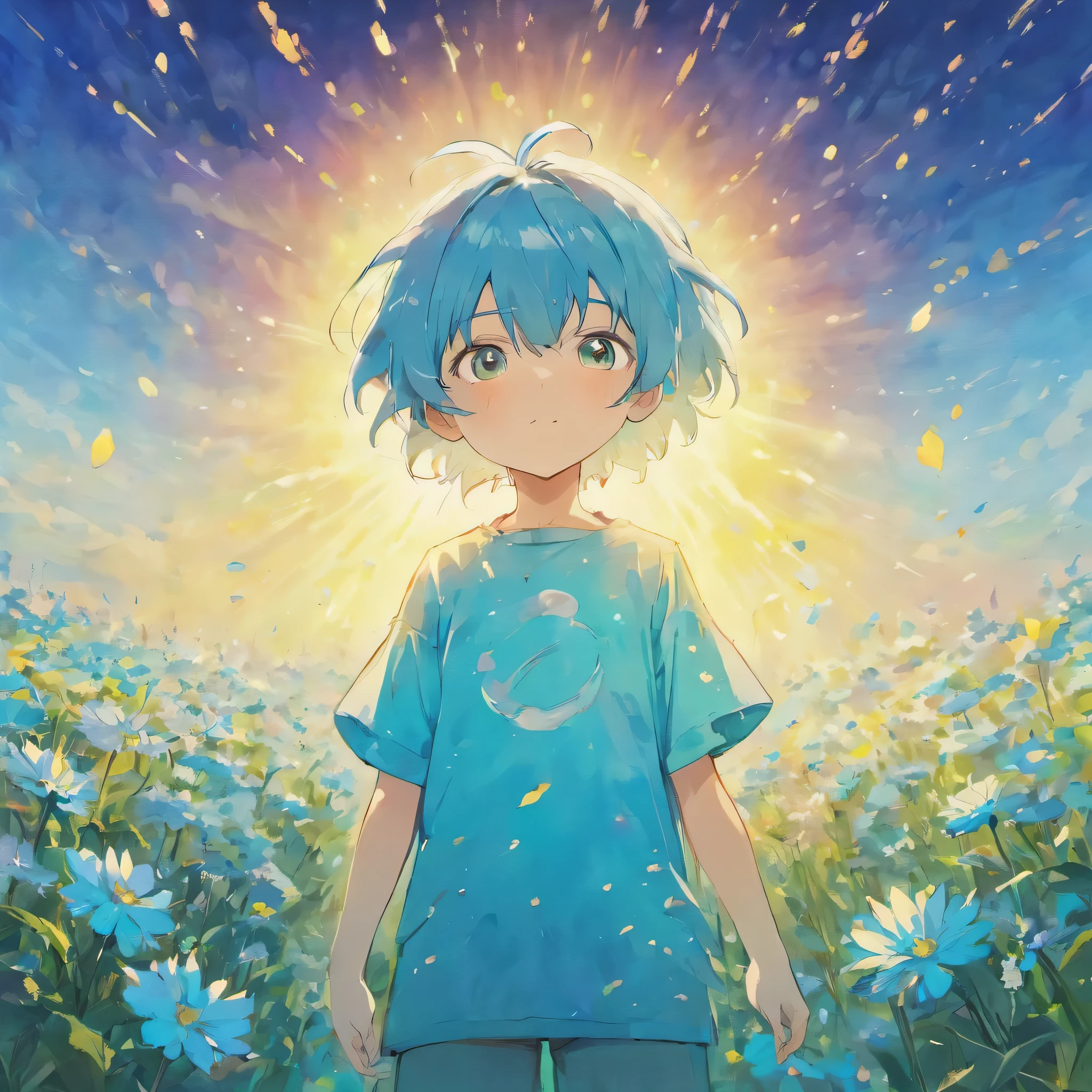 (best quality, high resolution, super detailed, cinematic), Solitary, 1 boy, charming, happiness, Boy standing in light blue flower field, Surrounded by light blue petals, whole body, Blue-haired boy, watercolor, pastel colors, Nebula in the sky, blue tree.
