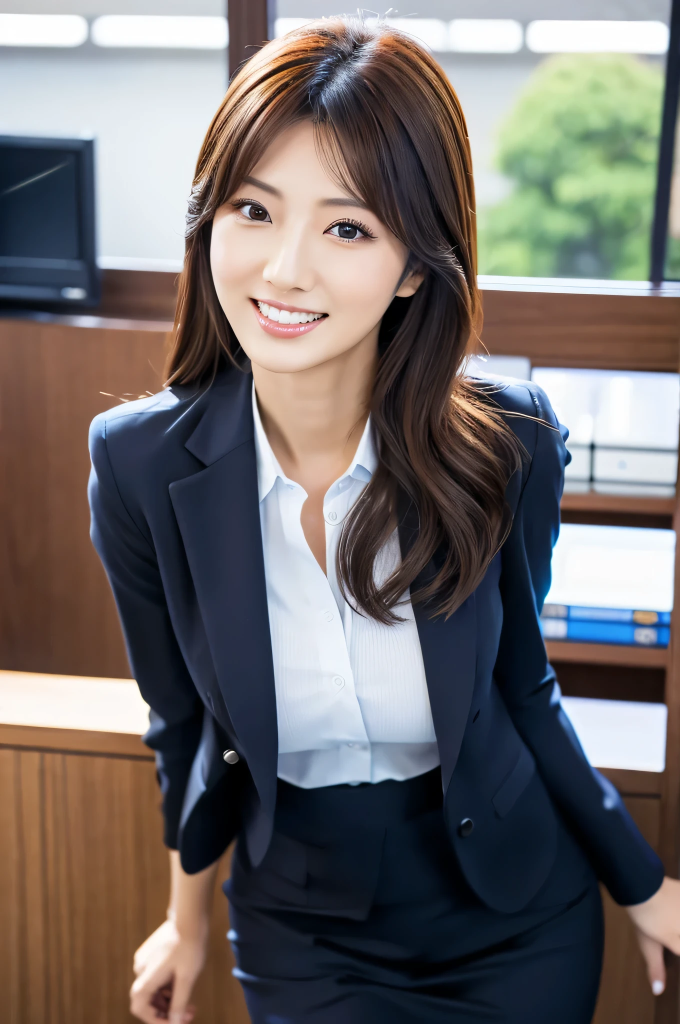 highest resolution, 4K, masterpiece: 1.3), japanese mature, photo of a woman, sexy: 1.1, fine eyes, slender body shape, realistic teeth, double eyelid, whole body, highest quality, be familiar with, At the office, business suit, buckshot