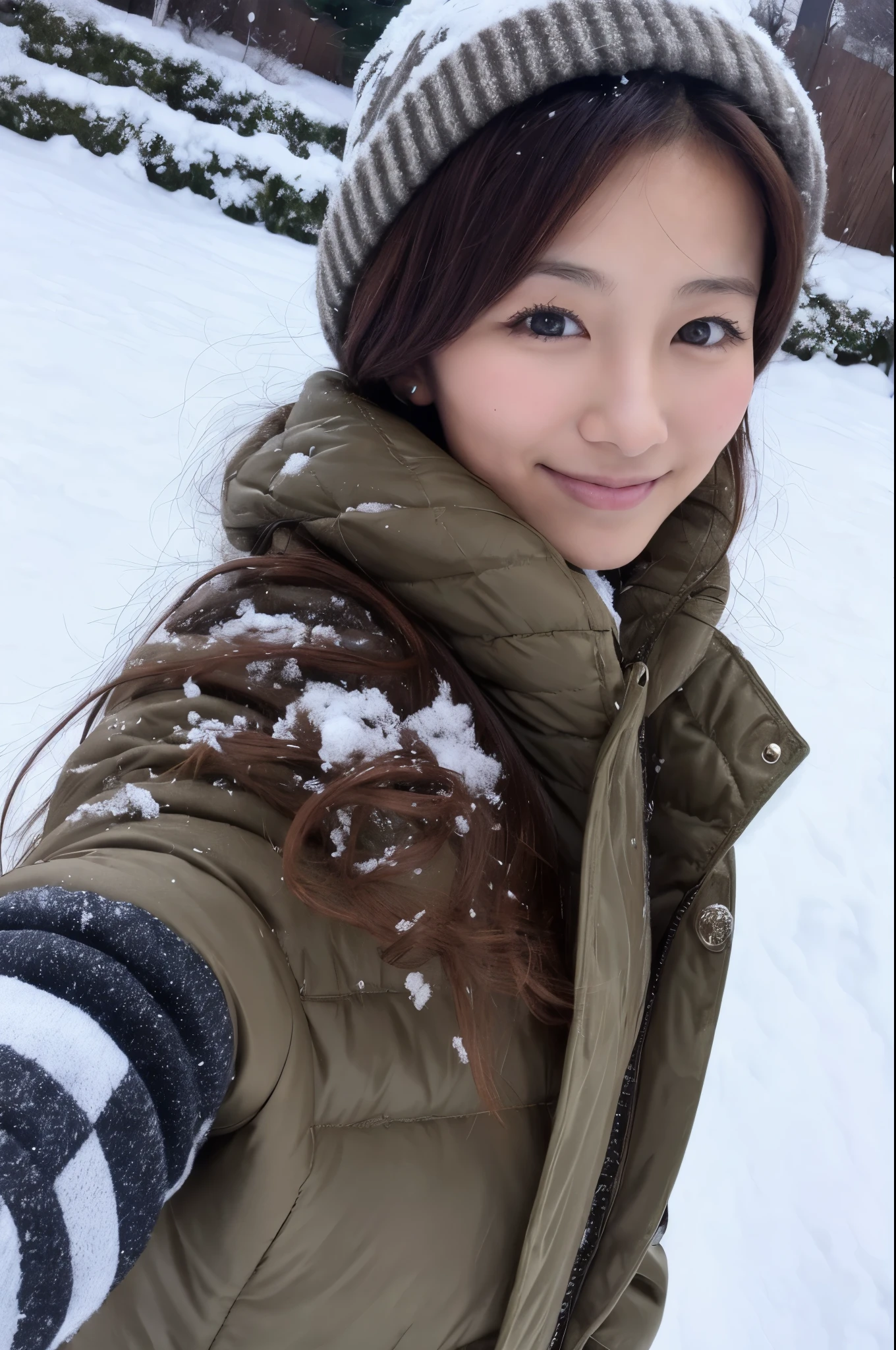 Slender Japanese woman looking at the camera、cute face、smile、Snow in the background、High resolution、High-definition images
