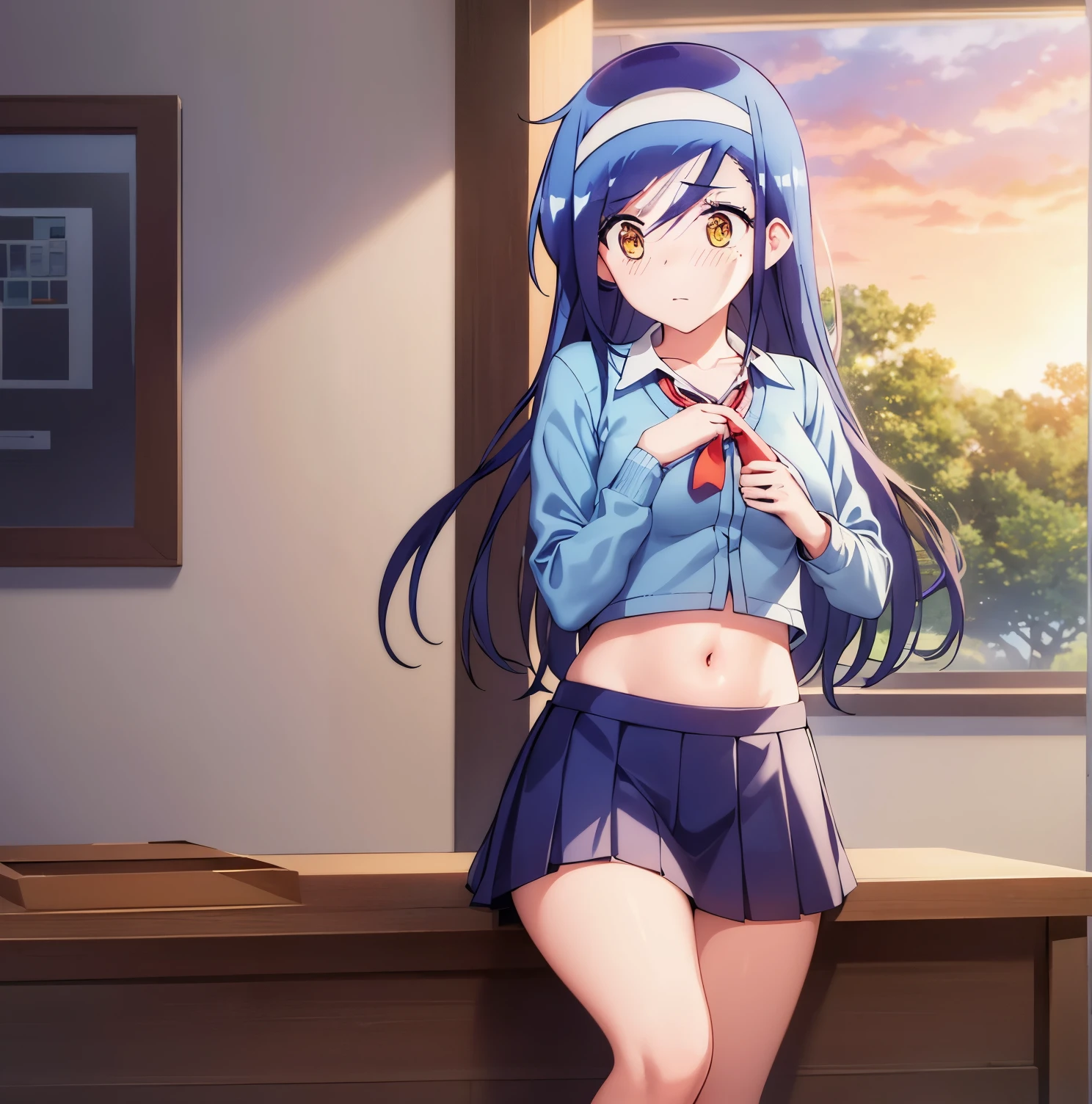 (CG unity wallpaper), (masterpiece), (best quality), (ultra detailed), (best illustration), (best shadow), (absurdities), 1girl, solo, 1girl, solo, furuhashi fumino, small breasts , medium waist, medium hips, wide thighs, school uniform, blue cardigan, pleated skirt, beige skirt, miniskirt, headband, white headband, black stockings, looking at viewer, looking down, embarrassed, blushing, (lifting shirt, view abdomen, navel), a girl in the library, sunset, good lighting,