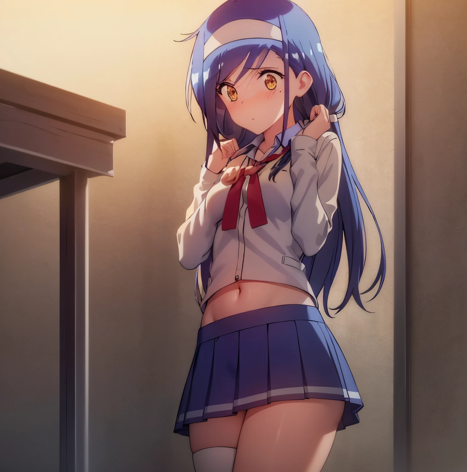 (CG unity wallpaper), (masterpiece), (best quality), (ultra detailed), (best illustration), (best shadow), (absurdities), 1girl, solo, 1girl, solo, furuhashi fumino, small breasts , medium waist, medium hips, wide thighs, school uniform, blue cardigan, pleated skirt, beige skirt, miniskirt, headband, white headband, black stockings, looking at viewer, looking down, embarrassed, blushing, (lifting shirt, view abdomen, navel), a girl in the library, sunset, good lighting,