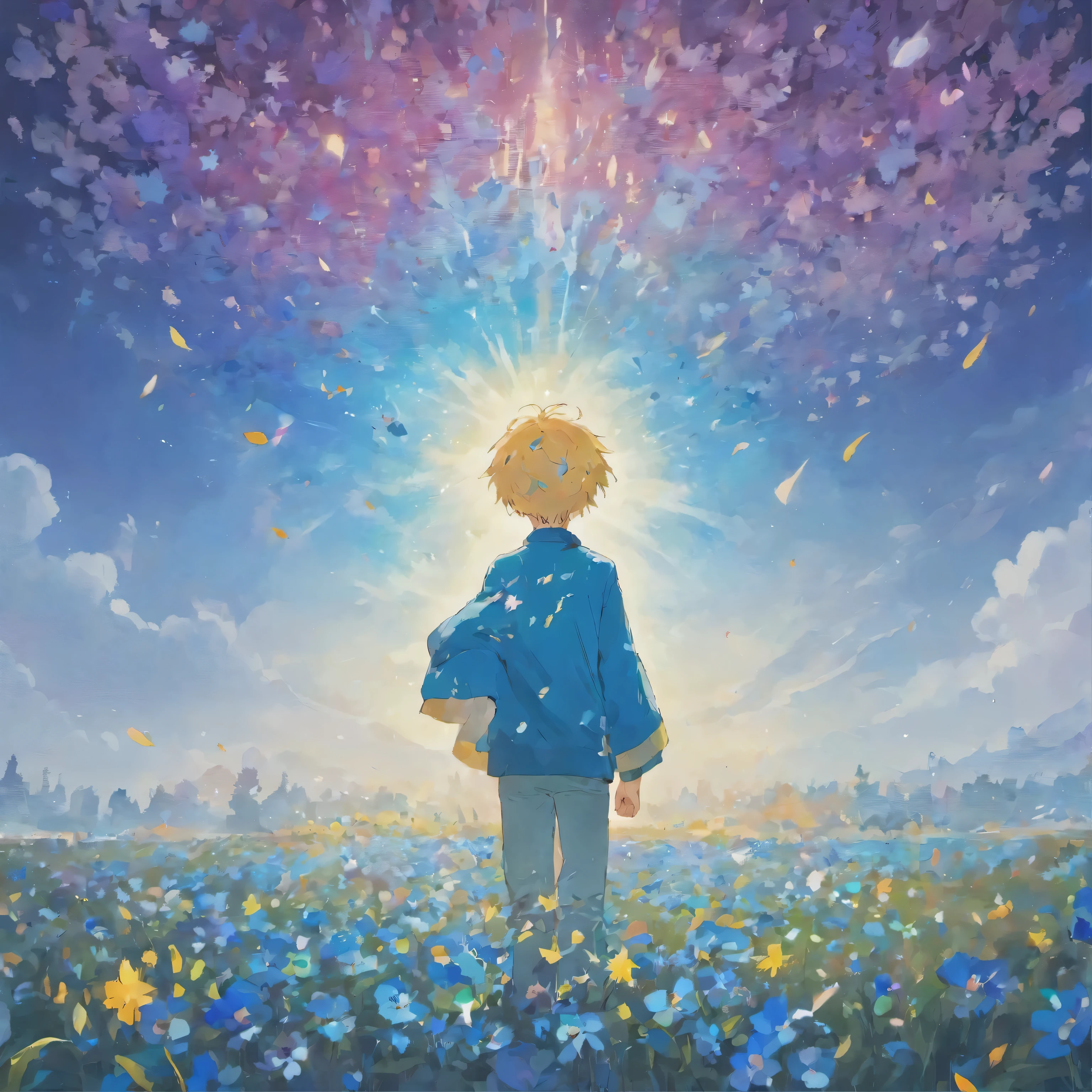 (best quality, high resolution, super detailed, cinematic), Solitary, 1 boy, charming, happiness, Boy standing in light blue flower field, Surrounded by light blue petals, whole body, Blue-haired boy, watercolor, pastel colors, Nebula in the sky, blue tree.