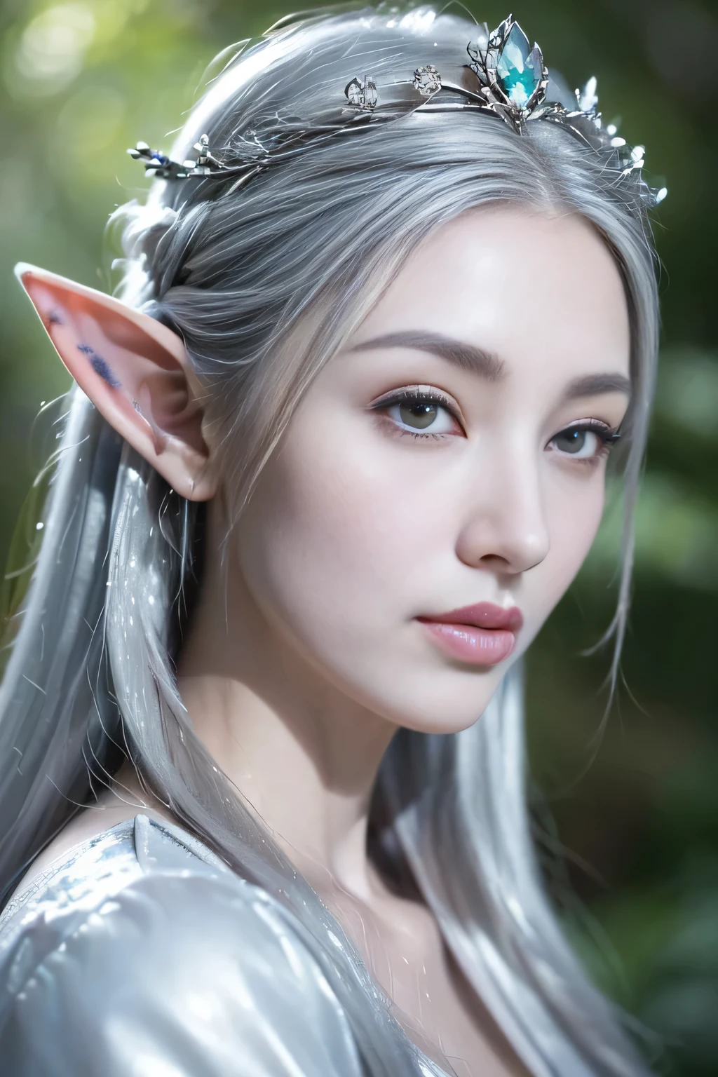 (8k、original photography、super high quality），portrait of very beautiful elf, ((Portrait of a female elf)), portrait of an elf queen, Exquisite and luxurious crown，Beautiful and elegant elf queen, fantasy art portrait, beautiful and elegant female elf, elf princess, Detailed matte fantasy portrait, Fantasy portrait art, beautiful fantasy art portrait, Elf Girl, elf princess,((delicate face))，((face close-up))，(((silver long hair)))，Background psychedelic forest，Mysterious forest background，Mystical light，Dynamic lighting masterpiece，（pastel colors：1.2）