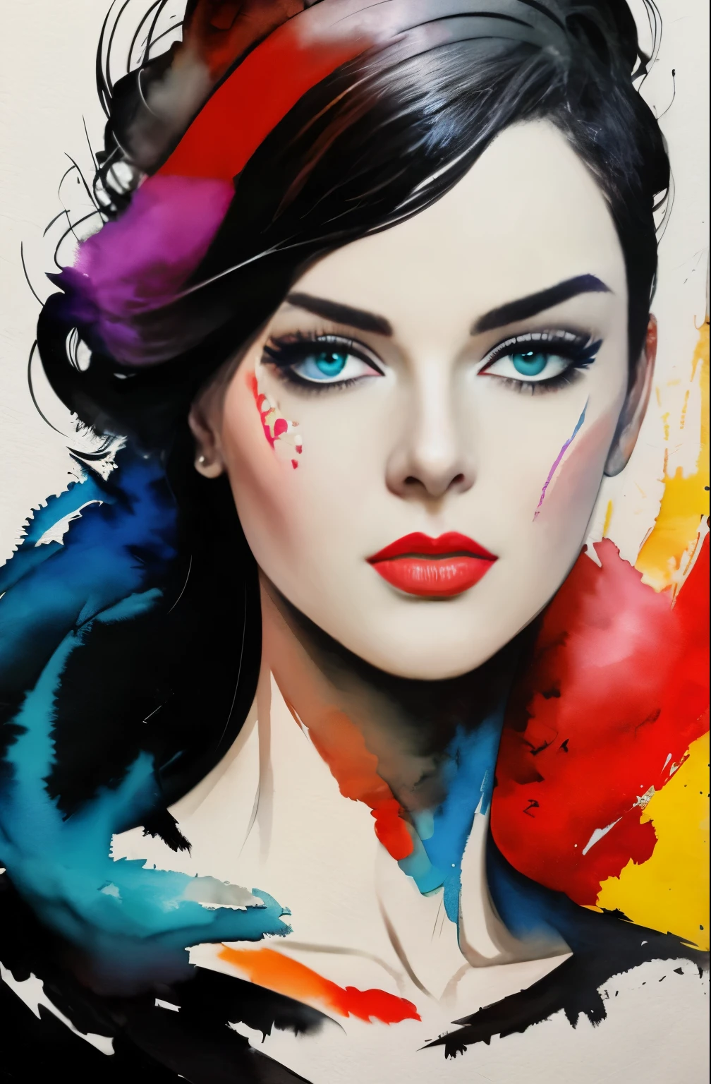 painting of a woman with a black and white face, Sylvia Pelissero watercolors, tumbler, abstract art, Intense watercolor painting, watercolor detailed art, Watercolor Splash, surreal, Avant-garde pop art, Beautiful and expressive paintings, Beautiful artwork illustration, very colorful tones, wonderful, cool beauty, highest quality,official art, women only, sharp outline, best shot, vector art, Written by Sandra Chevrier, Dave McKean、by Richard Avedon、Written by Makiezi Kusiala