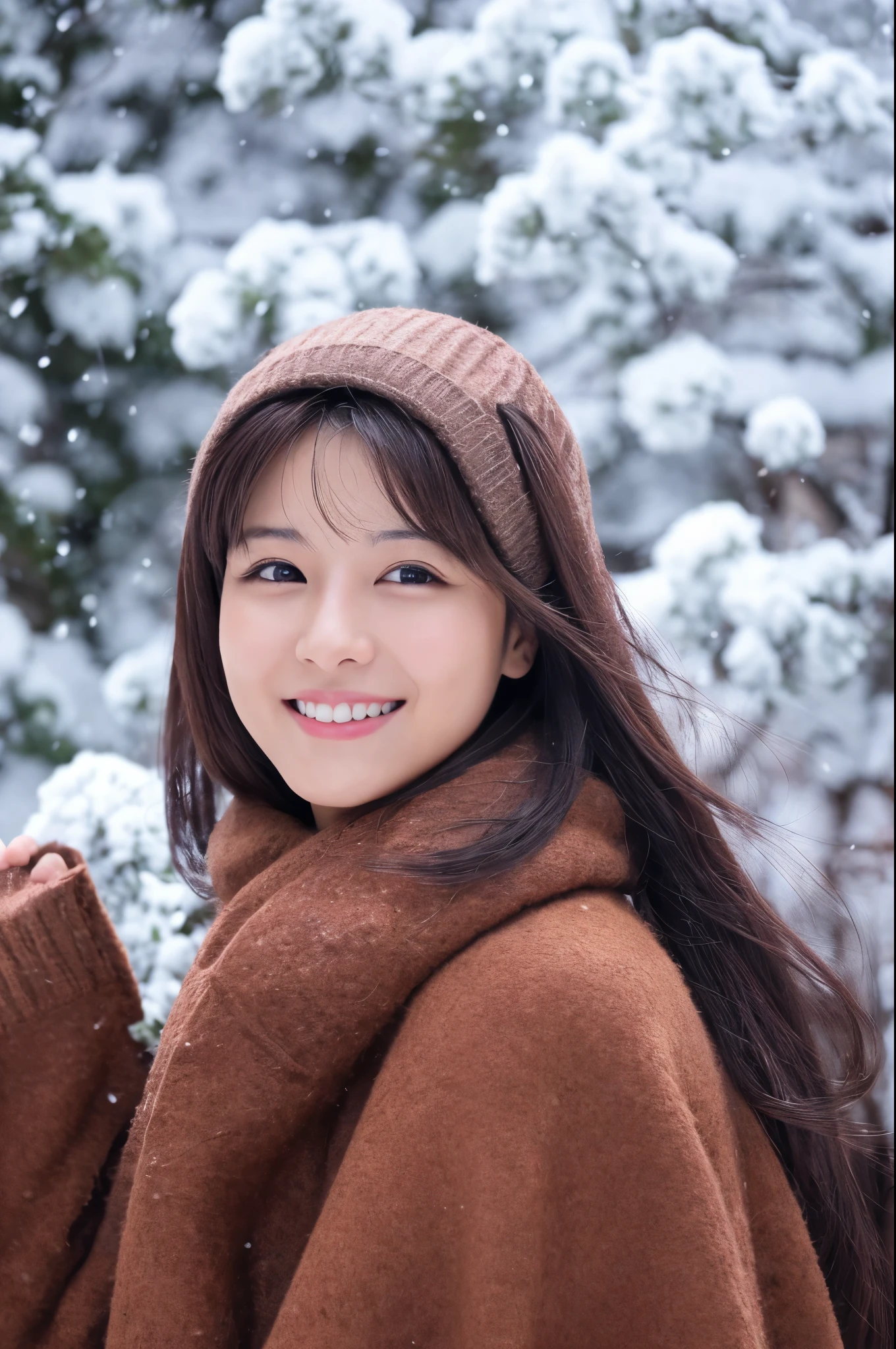 Slender Japanese woman looking at the camera、beautiful face、smile、Snow in the background、High resolution、High-definition images