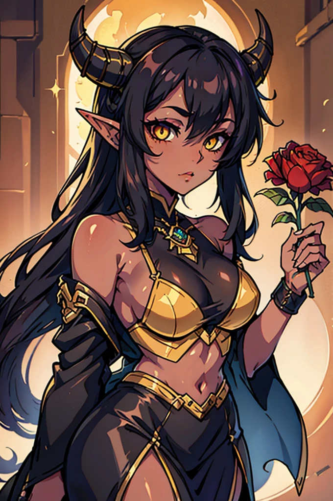 A Female Tiefling Bard with Black hair yellow eyes and brownish red skin (WITH HORNS)