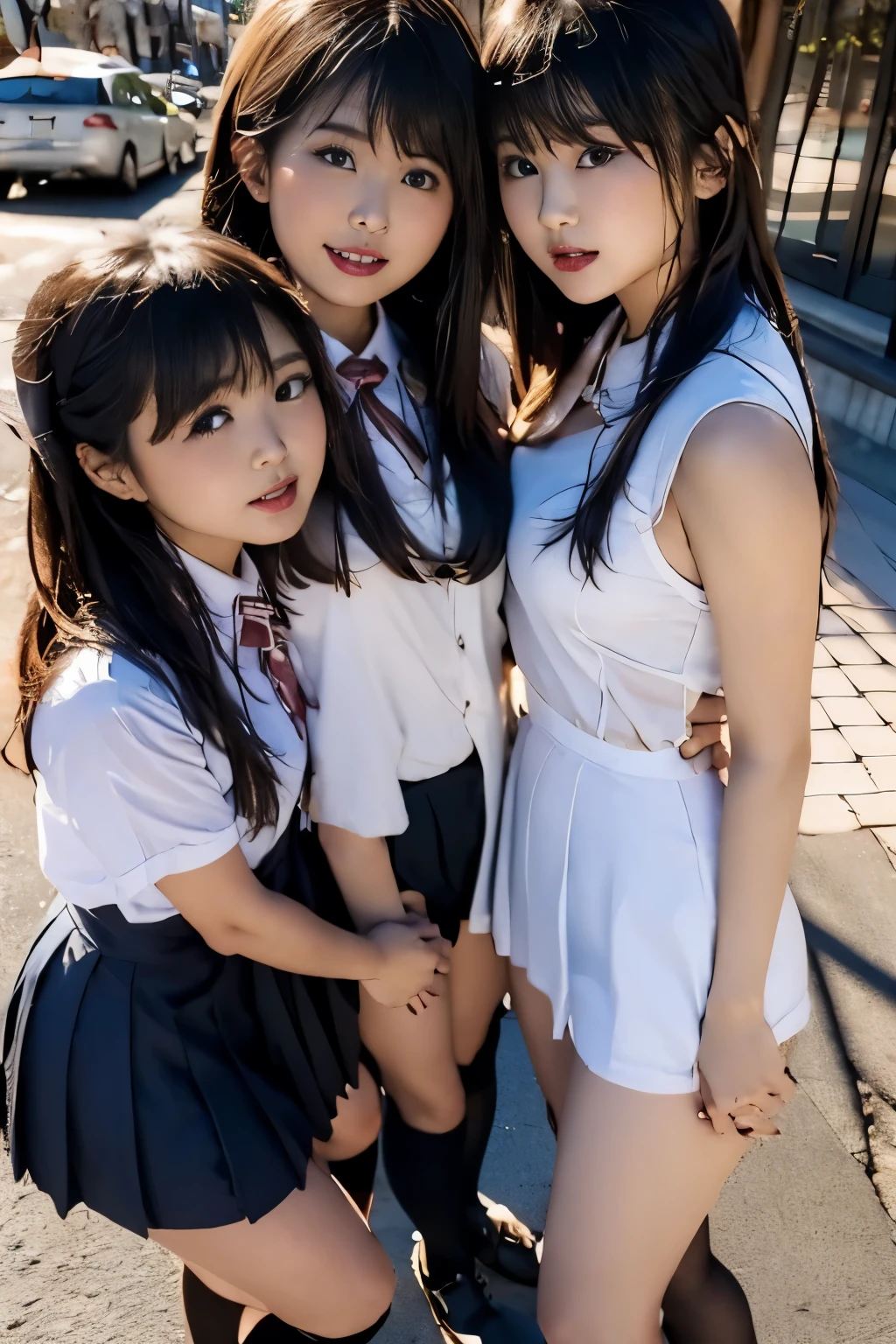 Breasts are fully exposed、Three junior high school girls crouching in a group photo、Show me my white panties from under my skirt、Summer clothes、uniform、mini skirt