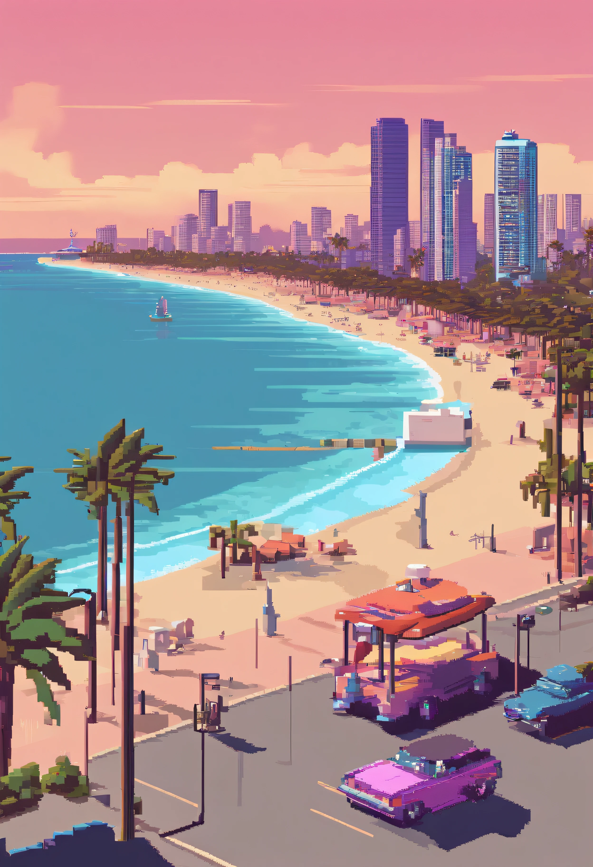 Pixel art tourist destination landscape of GTA vice city. Evening. 3d pixel art 4k wallpaper. Incredible pixel art details. Pixel art. Steam waves. Detailed unreal engine pixel art