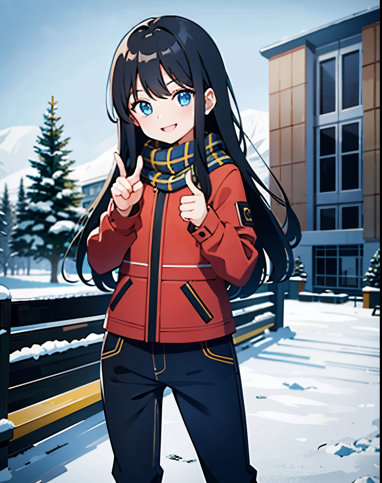 young girl, black hair, blue eyes, shining blue eyes, wearing plaid yellow scarf, red jacket, yellow shirt below, black pants, looking at viewer, smiling, thumbs up pose, in the snow, snowed place,