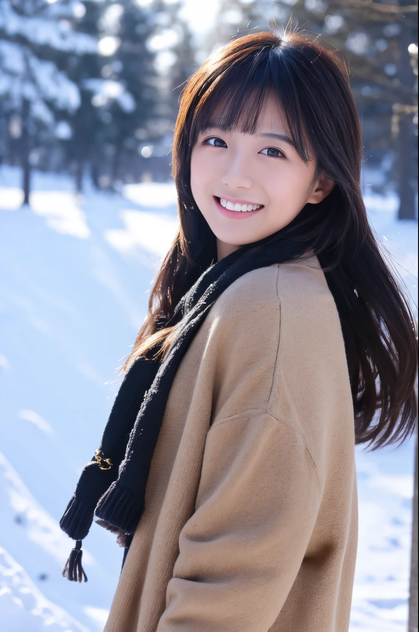 Slender Japanese woman looking at the camera、beautiful face、smile、Snow in the background、High resolution、High-definition images