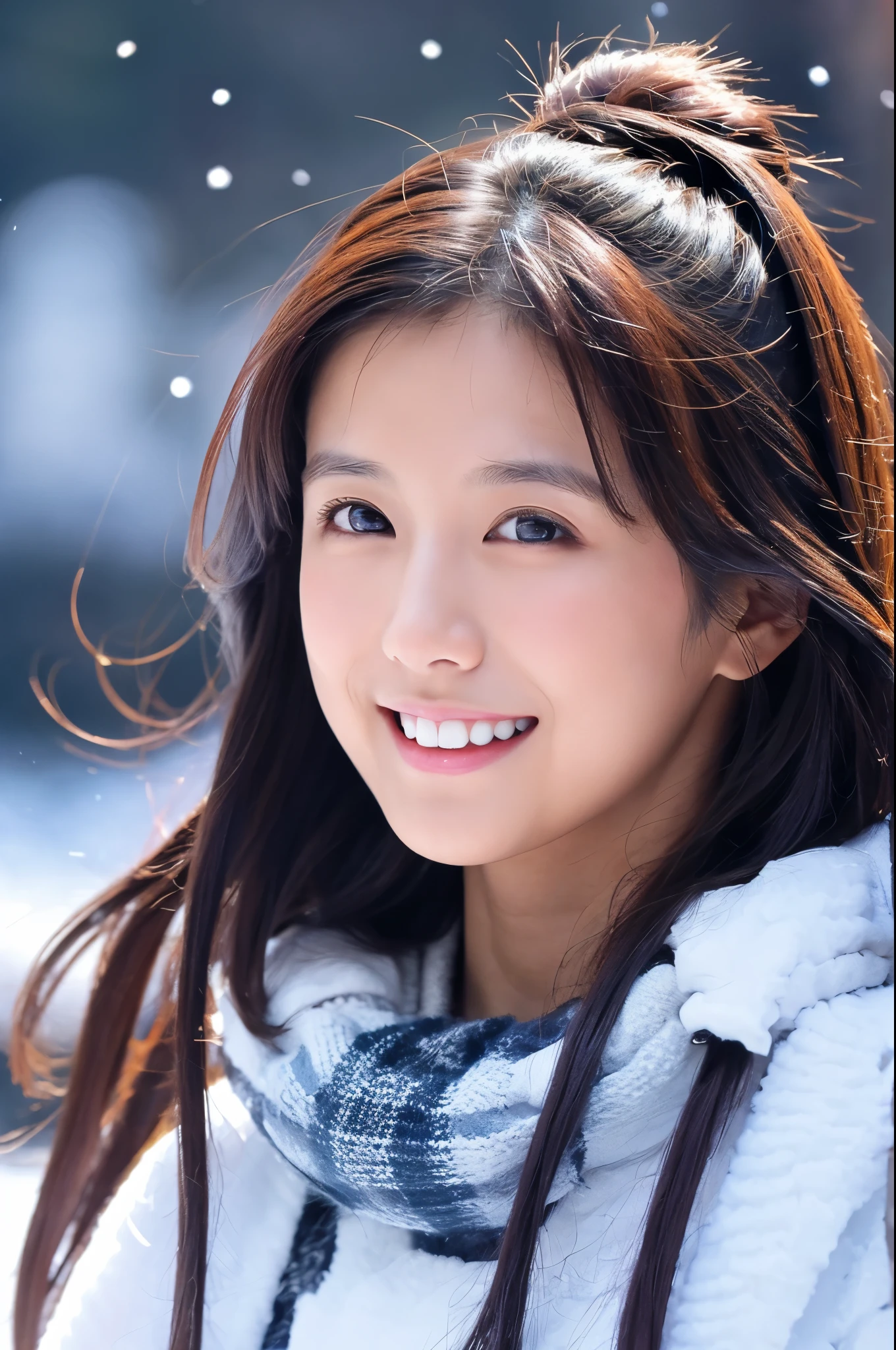Slender Japanese woman looking at the camera、beautiful face、smile、Snow in the background、High resolution、High-definition images