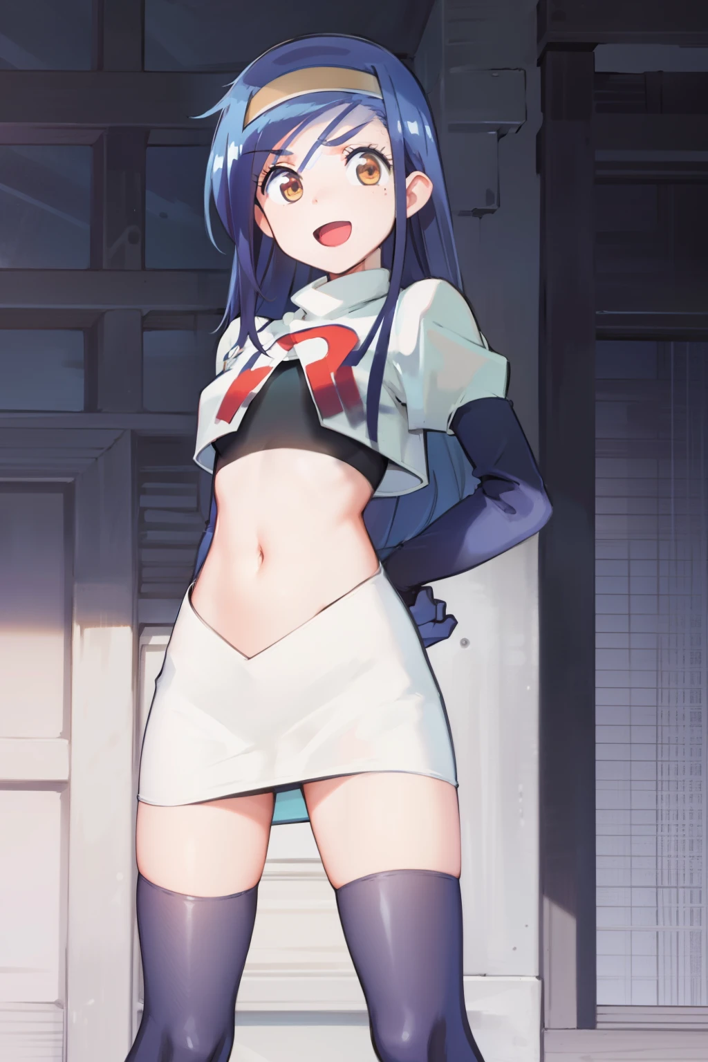 (extremely detailed CG unity 8k wallpaper), (masterpiece), (best quality), (ultra-detailed), (best illustration), (best shadow), (absurdres), 1girl, solo, fumino furuhashi, headband, looking at viewer, :d, small breasts, team rocket,team rocket uniform, red letter R, white skirt,white crop top,black thigh-highs, black elbow gloves,