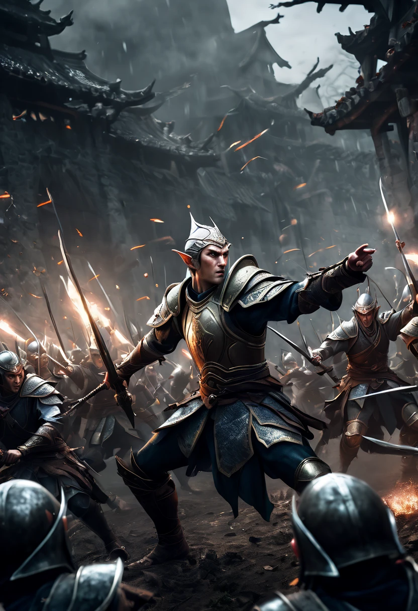 (first person,perspective,detailed,Elf Portraits:1.2,flying over,battlefield,capsuled elfs,ancient warriors,ancient armor,martial arts,misty atmosphere,dramatic lighting,high contrast,warrior in action,,action-packed,war cries,weapons clashing,fierce battles) thre side view, 1 side potrait,2 side close, 3 side in the batlle