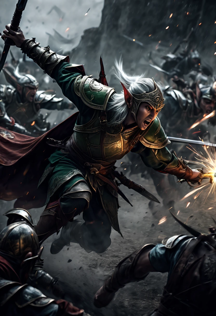 (first person,perspective,detailed,Elf Portraits:1.2,flying over,battlefield,capsuled elfs,ancient warriors,ancient armor,martial arts,misty atmosphere,dramatic lighting,high contrast,warrior in action,,action-packed,war cries,weapons clashing,fierce battles) thre side view, 1 side potrait,2 side close, 3 side in the batlle