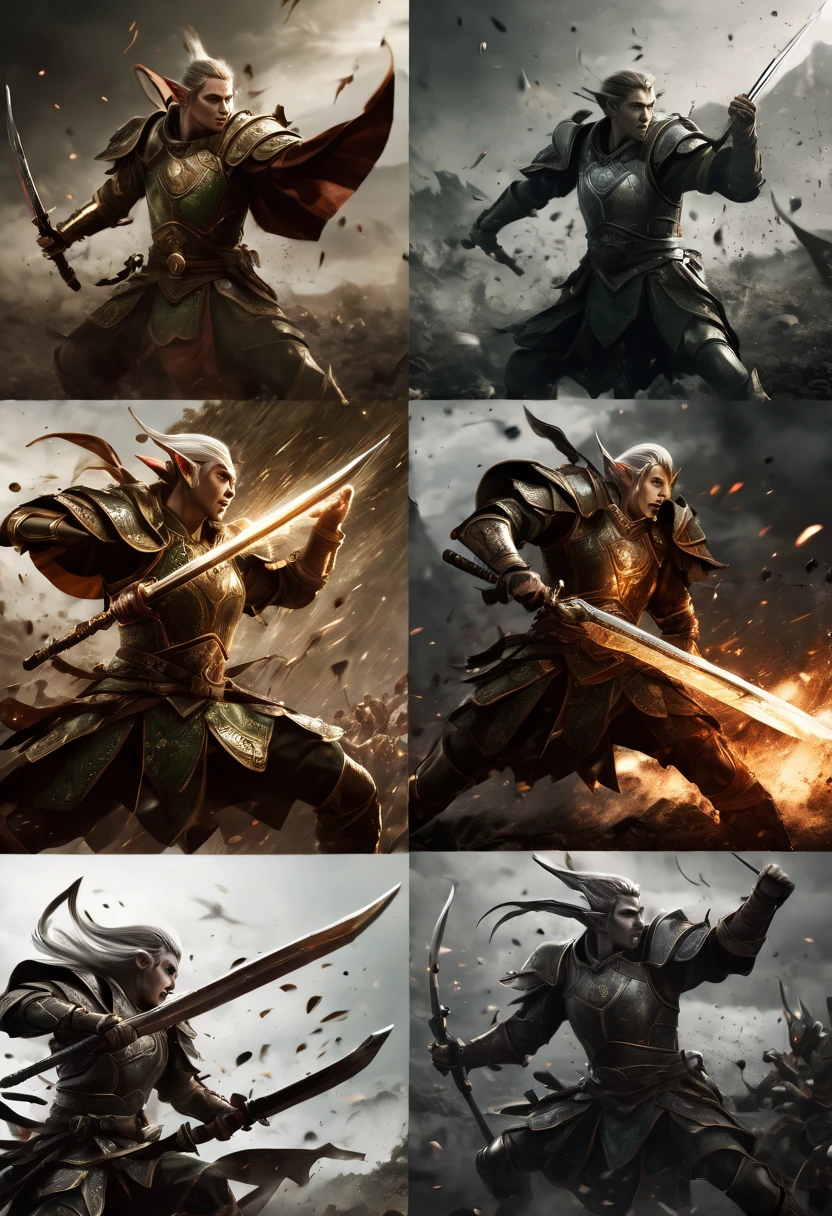 (first person,perspective,detailed,Elf Portraits:1.2,flying over,battlefield,capsuled elfs,ancient warriors,ancient armor,martial arts,misty atmosphere,dramatic lighting,high contrast,warrior in action,,action-packed,war cries,weapons clashing,fierce battles) thre side view, 1 side potrait,2 side close, 3 side in the batlle