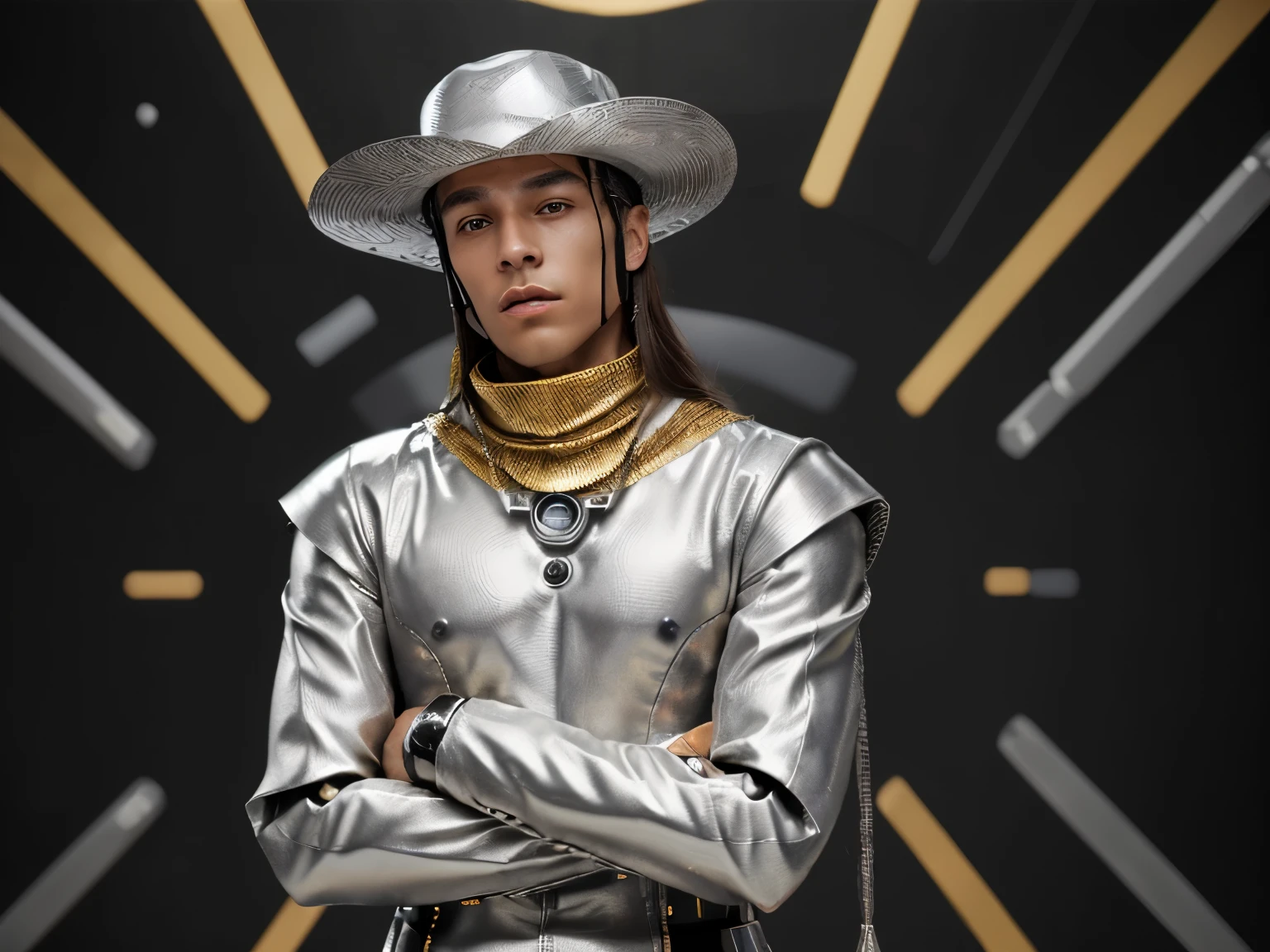 un caballero con ropa de oro, silver hat and an advanced robotics background.