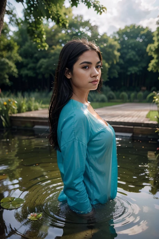 Closeup: (Woman made of water rising from pond: 2. 0), profile view, closeup+, fluid dynamics, realistic water+, fauna, editorial, zeiss lens, kodak portra 400 film, cinematic lighting, soft focus, interesting angle and perspective, refraction, sun peeking through clouds and glinting off skin, 4K, UHD! ! , depth of field