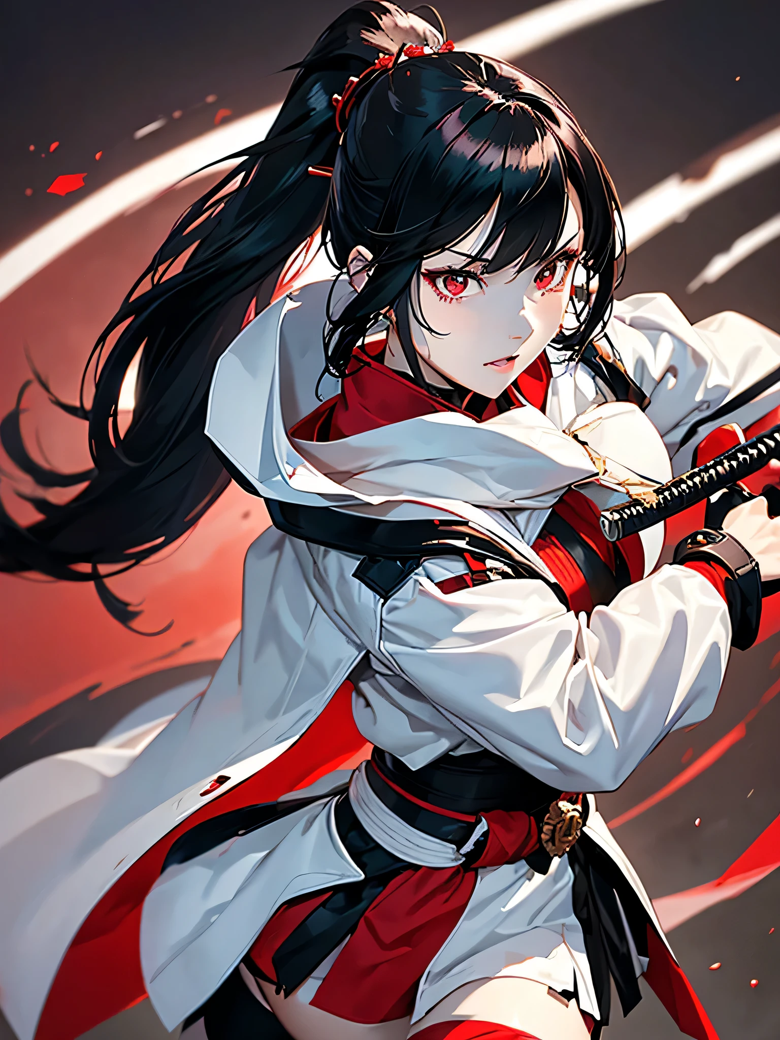 A black-haired samurai adorned with bangs and an elegant, cola de caballo larga, His eyes glow a crimson hue as he deftly draws his katana.., Ready to face any challenge in a cyber world.. Su cuerpo tonificado cuenta con una copa B., y lleva una gabardina blanca combinada con pantalones cortos negros.