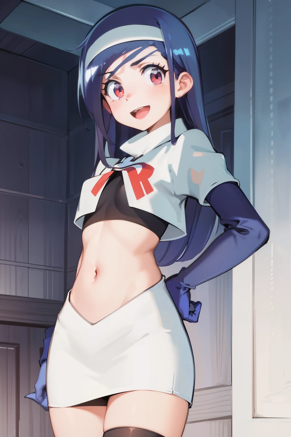 (extremely detailed CG unity 8k wallpaper), (masterpiece), (best quality), (ultra-detailed), (best illustration), (best shadow), (absurdres), 1girl, solo, fumino furuhashi, headband, looking at viewer, :d, small breasts, team rocket,team rocket uniform, red letter R, white skirt,white crop top,black thigh-highs, black elbow gloves,