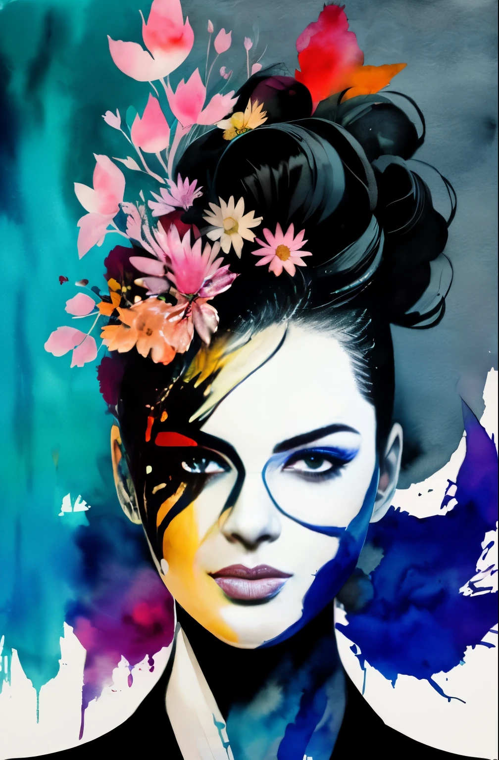 painting of a woman with a black and white face, Sylvia Pelissero watercolors, tumbler, abstract art, Intense watercolor painting, watercolor detailed art, Watercolor Splash, surreal, Avant-garde pop art, Beautiful and expressive paintings, Beautiful artwork illustration, very colorful tones, wonderful, cool beauty, highest quality,official art, women only, sharp outline, best shot, vector art, Written by Sandra Chevrier, Dave McKean、by Richard Avedon、Written by Makiezi Kusiala