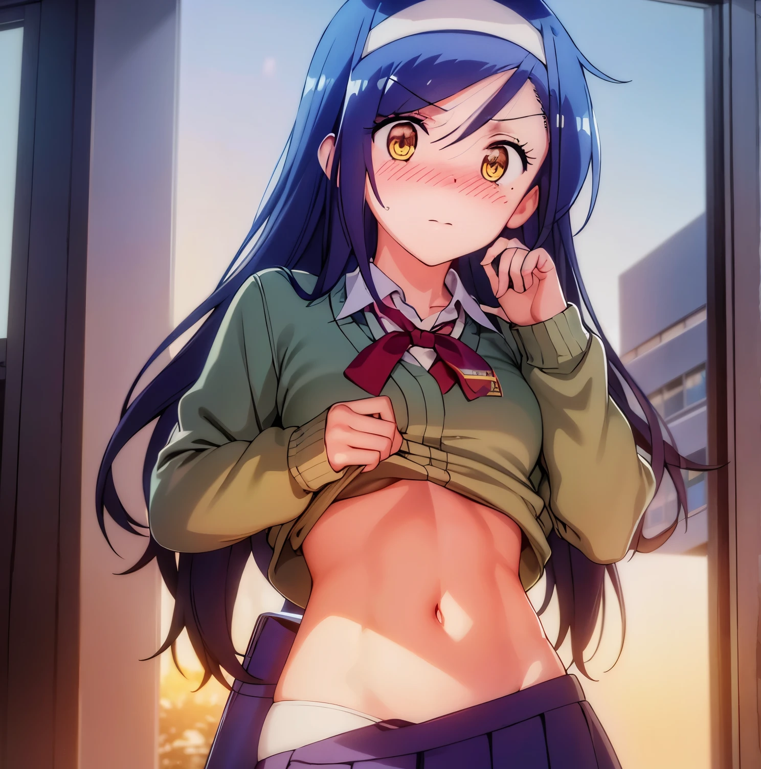 (CG unity wallpaper), (masterpiece), (best quality), (ultra detailed), (best illustration), (best shadow), (absurdities), 1girl, solo, 1girl, solo, furuhashi fumino, small breasts , medium waist, medium hips, wide thighs, school uniform, blue cardigan, pleated skirt, beige skirt, miniskirt, headband, white headband, black stockings, looking at viewer, looking down, embarrassed, blushing, (lifting shirt, view from to the abdomen), a girl in the library, sunset, good lighting, good anatomy, good hands