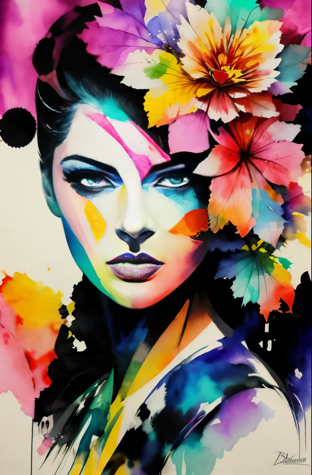 painting of a woman with a black and white face, Sylvia Pelissero watercolors, tumbler, abstract art, Intense watercolor painting, watercolor detailed art, Watercolor Splash, surreal, Avant-garde pop art, Beautiful and expressive paintings, Beautiful artwork illustration, very colorful tones, wonderful, cool beauty, highest quality,official art, women only, sharp outline, best shot, vector art, Written by Sandra Chevrier, Dave McKean、by Richard Avedon、Written by Makiezi Kusiala