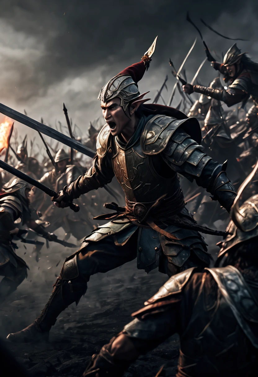 (first person,perspective,detailed,Elf Portraits:1.2,flying over,battlefield,capsuled elfs,ancient warriors,ancient armor,martial arts,misty atmosphere,dramatic lighting,high contrast,warrior in action,,action-packed,war cries,weapons clashing,fierce battles) thre side view, 1 side potrait,2 side close, 3 side in the batlle