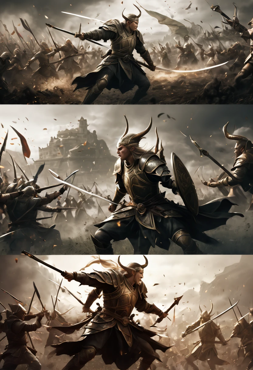 (first person,perspective,detailed,Elf Portraits:1.2,flying over,battlefield,capsuled elfs,ancient warriors,ancient armor,martial arts,misty atmosphere,dramatic lighting,high contrast,warrior in action,,action-packed,war cries,weapons clashing,fierce battles) thre side view, 1 side potrait,2 side close, 3 side in the batlle