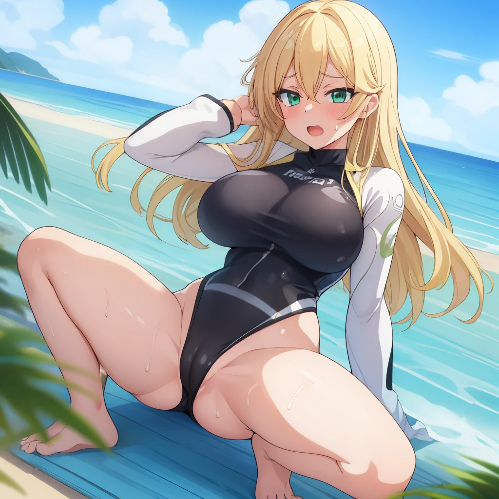 1women,rash guard,blonde,straight long hair,green eyes,large breasts,((orgasm face)),sweat,woman on top spread legs,(beach),from below,fullbody