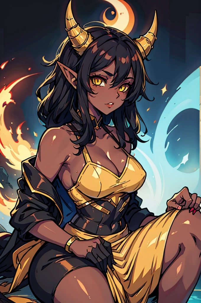 A Female Tiefling musician with Black hair yellow eyes and brownish red skin (WITH HORNS)