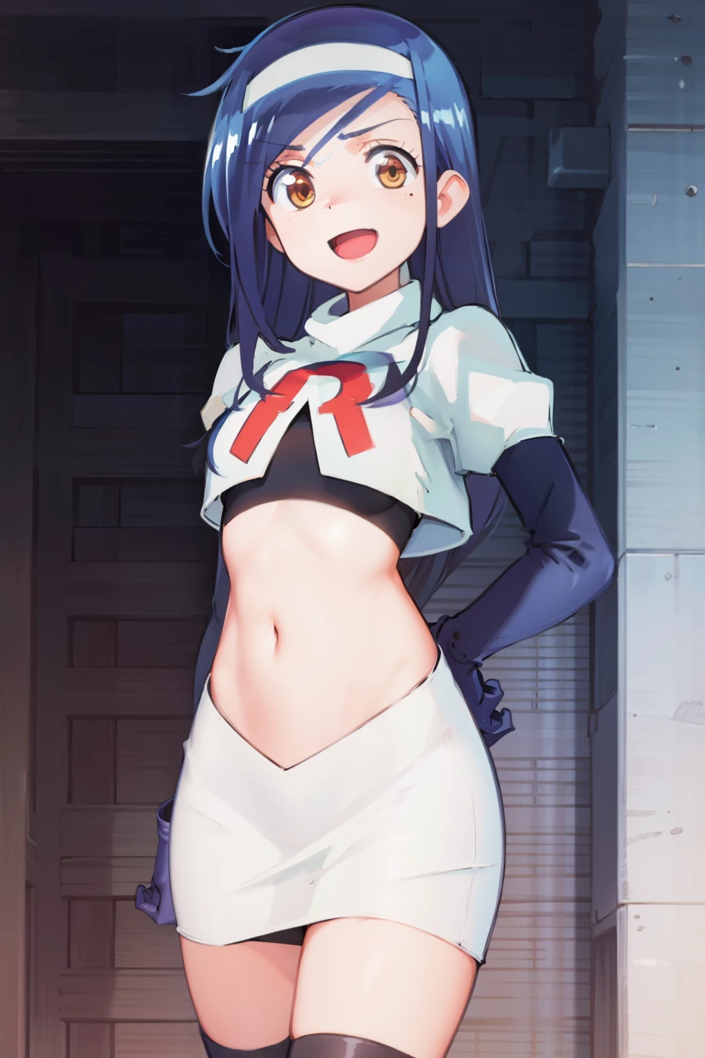 (extremely detailed CG unity 8k wallpaper), (masterpiece), (best quality), (ultra-detailed), (best illustration), (best shadow), (absurdres), 1girl, solo, fumino furuhashi, headband, looking at viewer, :d, small breasts, team rocket,team rocket uniform, red letter R, white skirt,white crop top,black thigh-highs, black elbow gloves,