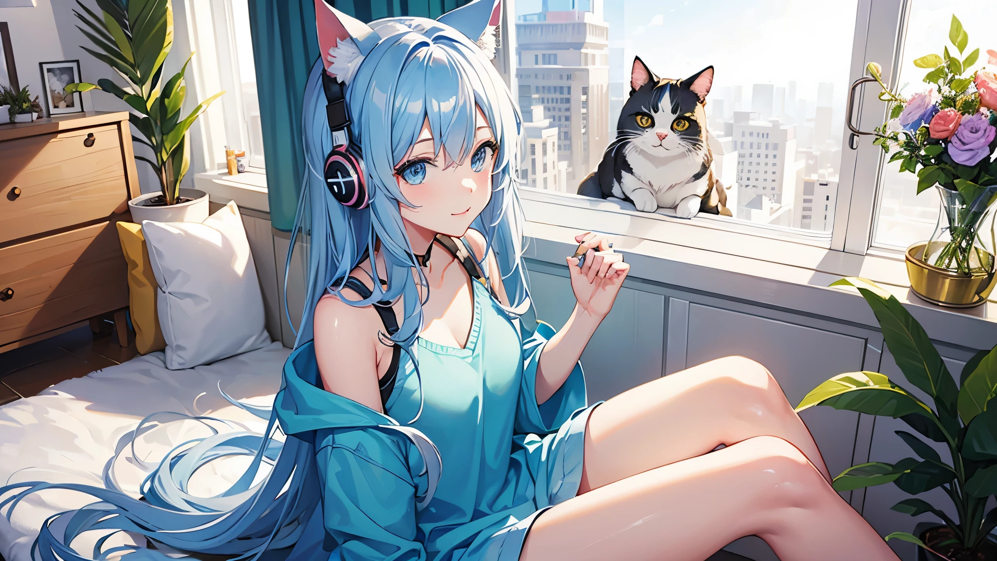 Create digital artwork in the anime style, a white woman in a cozy room, wears sexy casual clothes, Movie color scheme, Vibrant brushstrokes, Drawing, illustration, blue eyes, studying, with cat ears, next to window, blue Hair, 4K, High Quality, one person, Happy Face, surrounded by flowers, wearing a headphone, happy face, with a cat tail