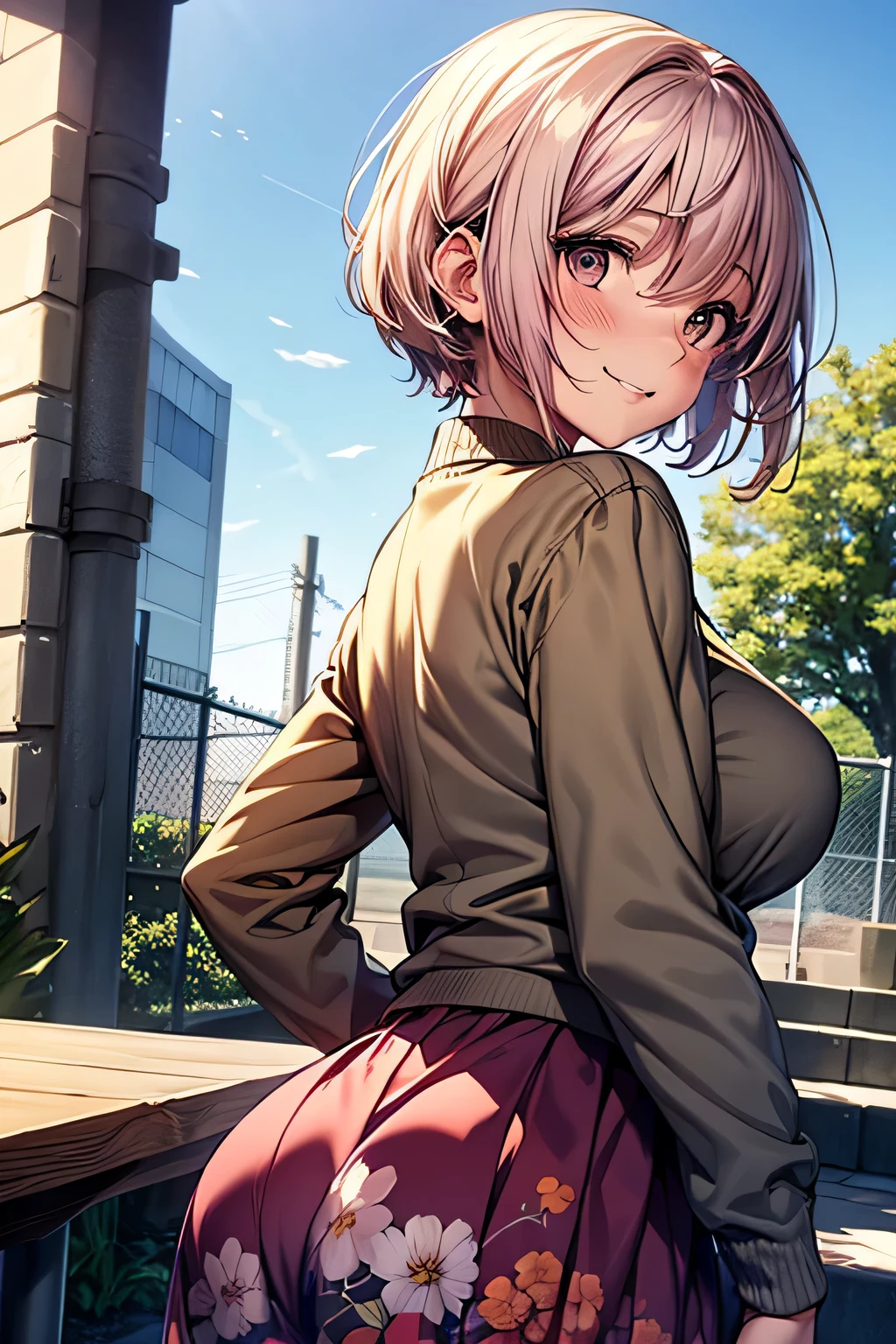 one woman, alone, middle aged, Beautiful woman、I could see the whole body、 ((short hair)), ((brown eyes, beautiful eyelashes, realistic eyes)), ((detailed face, blush:1.2)), ((smooth texture:0.75, realistic texture:0.65, realistic:1.1, Anime CG style)), big breasts, dynamic angle, perfect body, ((purple transparent prowse, red skirt))、Hotel stairs、It's windy、Very embarrassing panic smile、looked back、I can see her ass sticking out in front of me..、Angle looking up from the bottom of the stairs、 ((The wind pulled up my skirt、I can see all your butts、Pink floral panties))、((table top, highest quality, High resolution, perfect pixel, 4K,))),