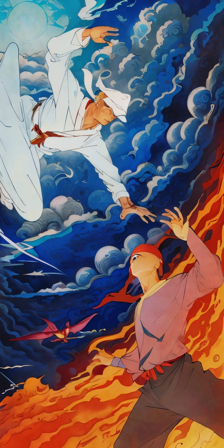 cartoon of a man and a man in a white robe are flying through the air, michael whelan and tomer hanuka, bob larkin and tomer hanuka, kilian eng. mœbius, inspired by Asaf Hanuka, peter chunoebius + loish, satoshi kon and moebius, inspired by Tomer Hanuka