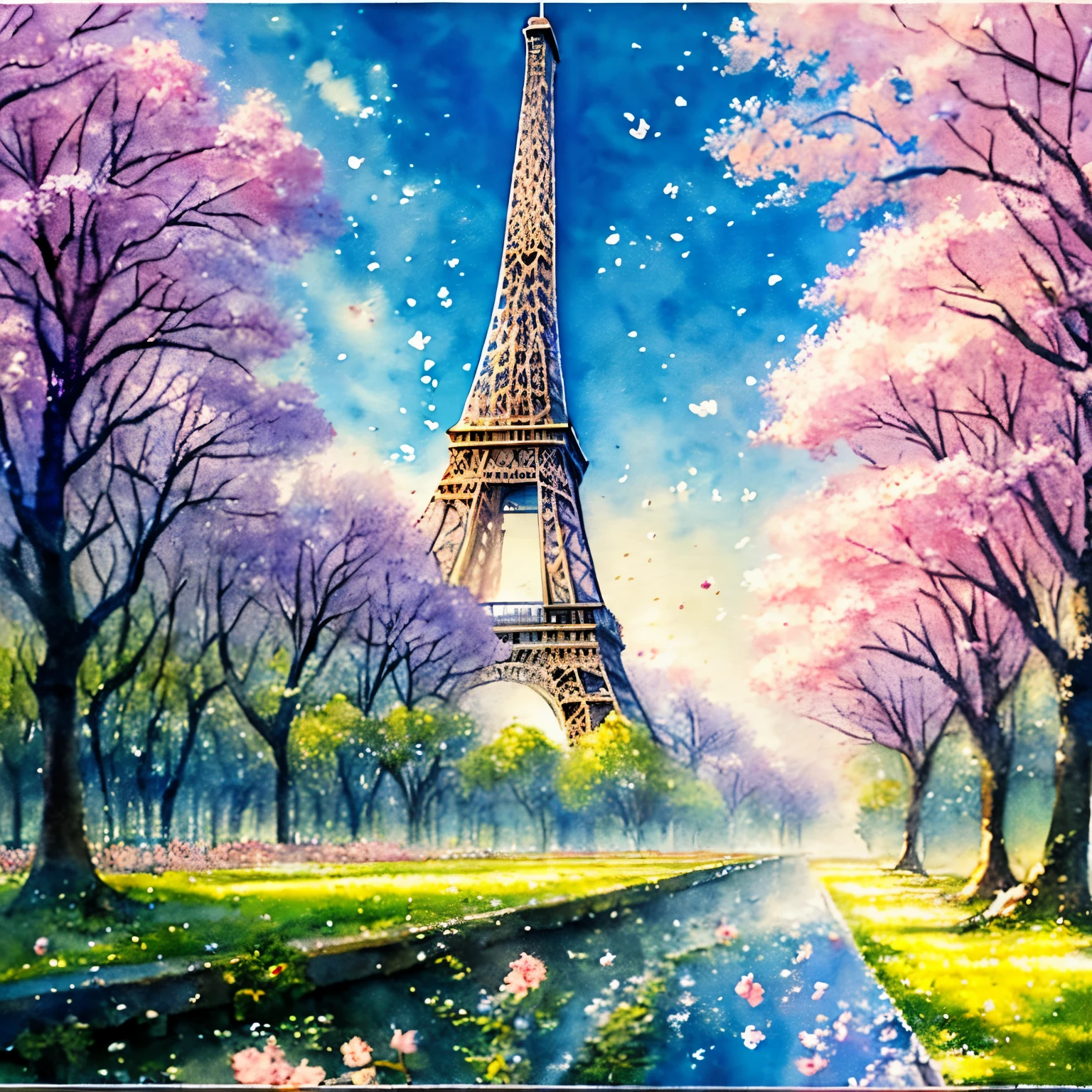 (tmasterpiece)，(Best picture quality)，8K，Highly delicate，Super meticulous，soft watercolor painting, Paris， springtime, Morning, Mist, Shade, In the style of Prafour Sawant.