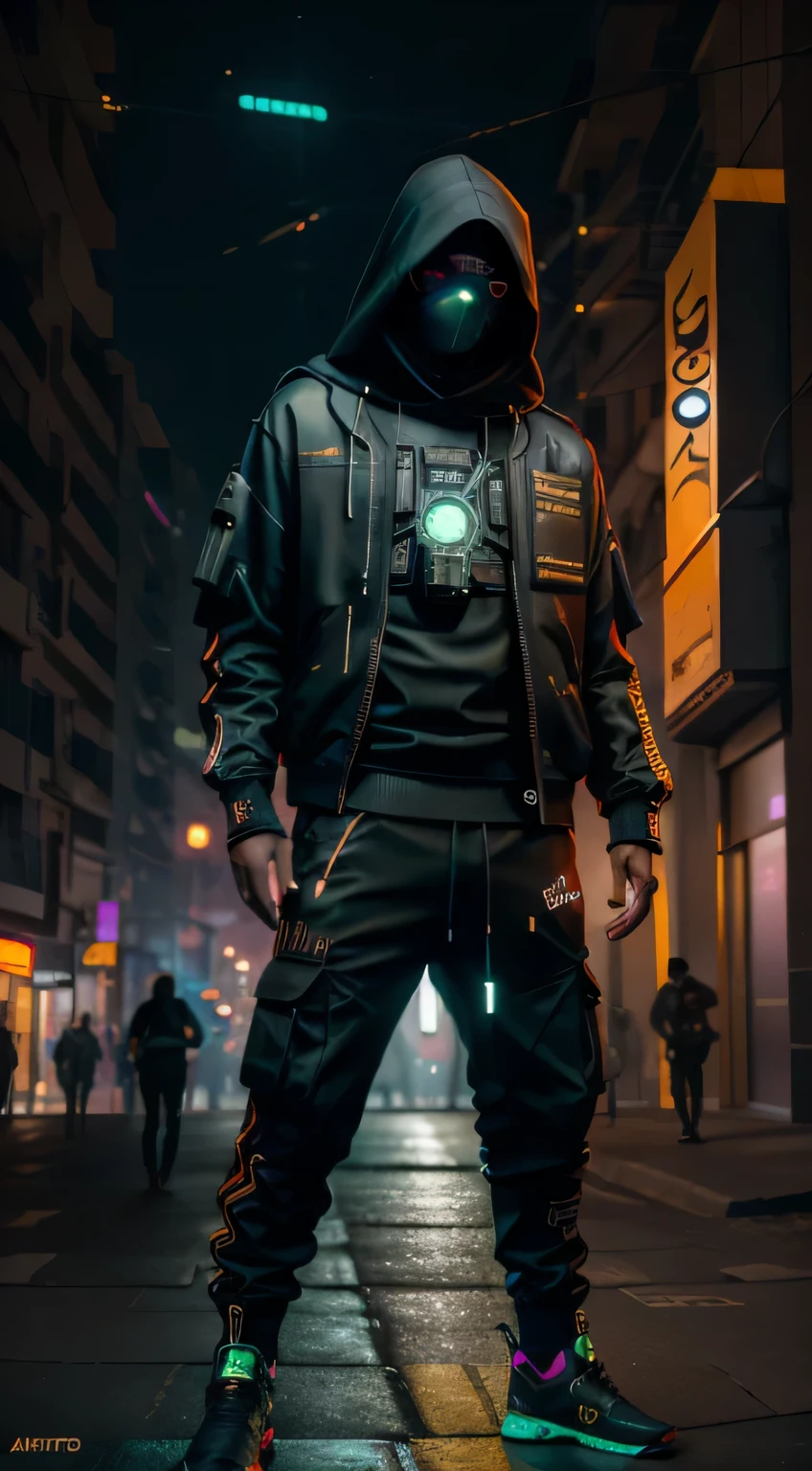 (obra de arte, Tiro de corpo inteiro, intricado raw photography) cyberpunk citizen, Comfortable Oversize Black Hood, black cargo pants, roupas pretas com detalhes em neon, Escuro, usando um capacete preto estilo hitech Astronauta, intricado, futurista, advanced technology, Escuro environment, dramatic, luz e sombra, cinematographic, action film, nitidez, random relaxed position, cidade ciberpunk, street lighting, Escuro street, noite, Instant Photo, foto do ano, Octane rendering, substance, banana 3d, cinema4d, Art Season Trends, Deviant art trends