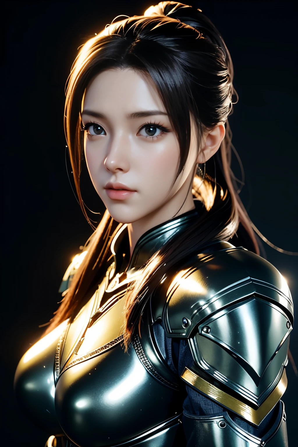 Game art，The best picture quality，Highest resolution，8K，((A bust photograph))，((Portrait))，(Rule of thirds)，Unreal Engine 5 rendering works， (The Girl of the Future)，(Female Warrior)，22岁少女，(A long ponytail hairstyle with shades of red and blue)，(A beautiful eye full of detail)，(Big breasts)，优雅迷人，微笑，(皱眉)，(Clothes full of futuristic sci-fi style，Sweater，A delicate pattern，Glittering jewels，Armor)，赛博朋克人物，未来风格， 拍照姿势，街道背景，Movie lights，Ray tracing，Game CG，((3D Unreal Engine))，oc渲染反射纹