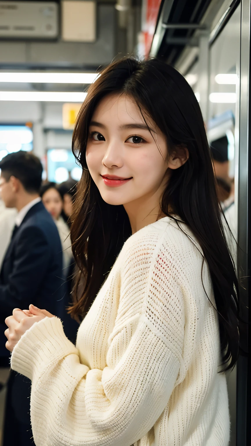 ((best picture quality,8k))，Korean，，very beautiful，white sweater，(medium shot:1.2),Tilt to one side，(1 girl),long hair，(huge:1.3),Smile,(Crowd on the train