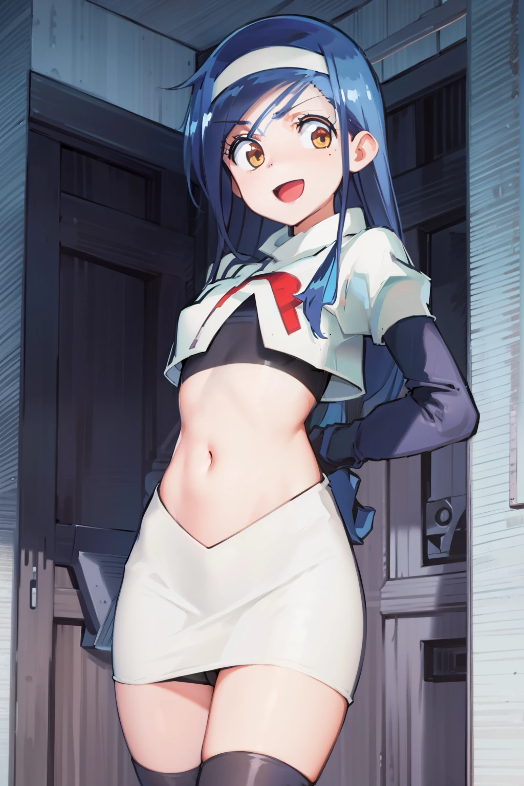 (extremely detailed CG unity 8k wallpaper), (masterpiece), (best quality), (ultra-detailed), (best illustration), (best shadow), (absurdres), 1girl, solo, fumino furuhashi, headband, looking at viewer, :d, small breasts, team rocket,team rocket uniform, red letter R, white skirt,white crop top,black thigh-highs, black elbow gloves,