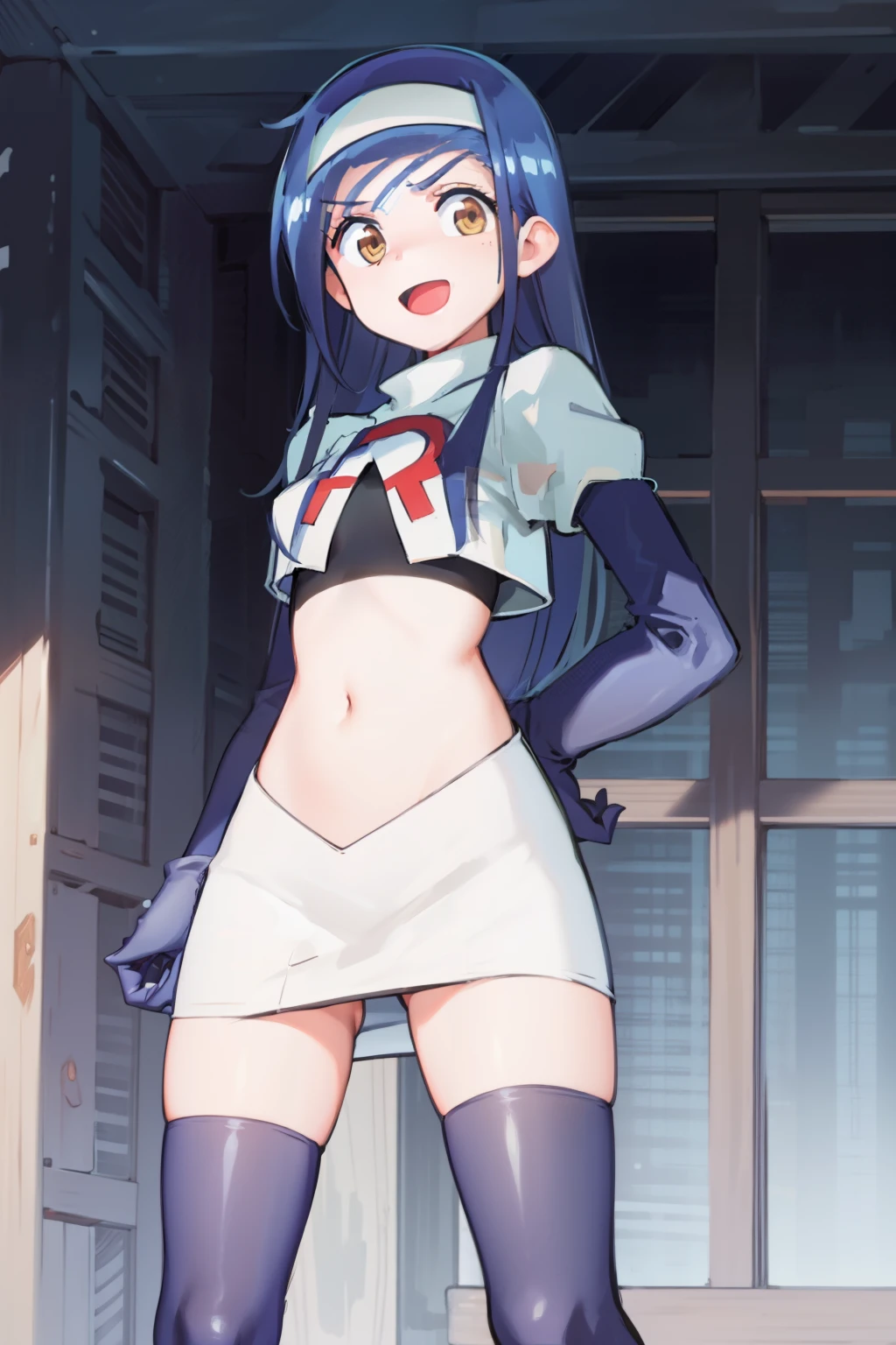 (extremely detailed CG unity 8k wallpaper), (masterpiece), (best quality), (ultra-detailed), (best illustration), (best shadow), (absurdres), 1girl, solo, fumino furuhashi, headband, looking at viewer, :d, small breasts, team rocket,team rocket uniform, red letter R, white skirt,white crop top,black thigh-highs, black elbow gloves,