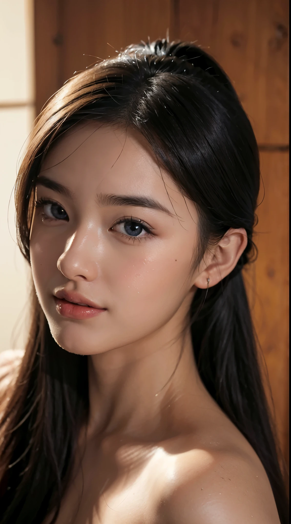 fully body photo,masutepiece, The highest image quality, High quality, the background is clear，Beautiful woman, Japanese, Detailed, Detailed eyes, Detailed skin, Beautiful skin, 超hight resolution, (reality: 1.4),Very beautiful woman, Slightly younger face, Beautiful skin, slender, (Ultra photo realsisim), (hight resolution), (8K), (Very detailed) (beautifully detailed eyes), (super detailed),   (Detailed face), view the viewer, Fine details, Detailed face, Smiling, Staring straight ahead, Staring straight ahead, photos realistic, Bright lighting, Professional Lighting, Black hair, ,poneyTail,a baby face,sixteen years old,髪型はponeyTail,wear a blue ribbon,ロングのponeyTailの髪型,,natta,Enjoying dating,Angle from waist up,