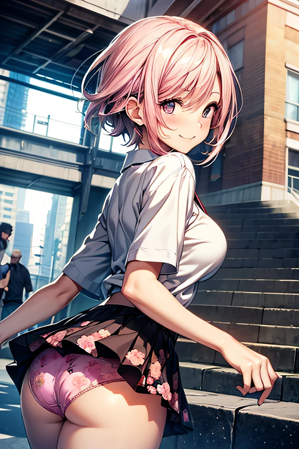one woman, alone, middle aged, Beautiful woman、I could see the whole body、 ((short hair)), ((brown eyes, beautiful eyelashes, realistic eyes)), ((detailed face, blush:1.2)), ((smooth texture:0.75, realistic texture:0.65, realistic:1.1, Anime CG style)), glamorous body, big breasts, dynamic angle, perfect body, ((purple transparent prowse, red mini skirt))、(Hotel stairs)、It's windy、(Very embarrassing panic smile)、looked back、I can see her ass sticking out in front of me..、Angle looking up from the bottom of the stairs、 (((The wind turned up my skirt、My butt is now completely visible..、Pink floral panties)))、((table top, highest quality, High resolution, perfect pixel, 4K,))),