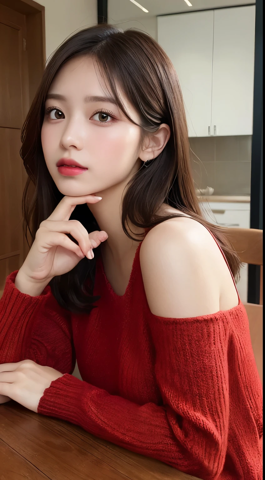 on the table, best quality, illustration, Super detailed, fine details, high resolution, 8k wallpaper, Perfect dynamic composition, Beautiful and delicate eyes, natural lips, Red knitted dress , , split, casual gesture