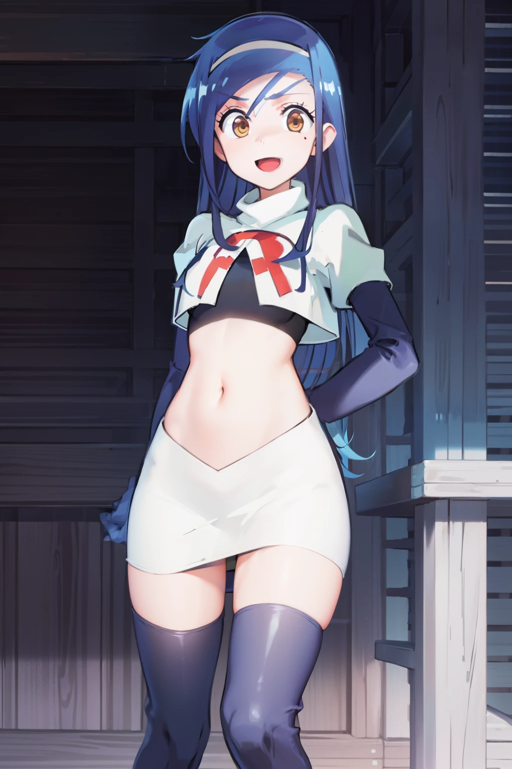 (extremely detailed CG unity 8k wallpaper), (masterpiece), (best quality), (ultra-detailed), (best illustration), (best shadow), (absurdres), 1girl, solo, fumino furuhashi, headband, looking at viewer, :d, small breasts, team rocket,team rocket uniform, red letter R, white skirt,white crop top,black thigh-highs, black elbow gloves,
