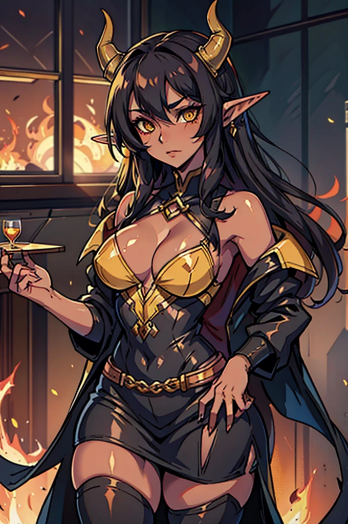 A Female Tiefling Bard with Black hair yellow eyes and brownish red skin (WITH HORNS)