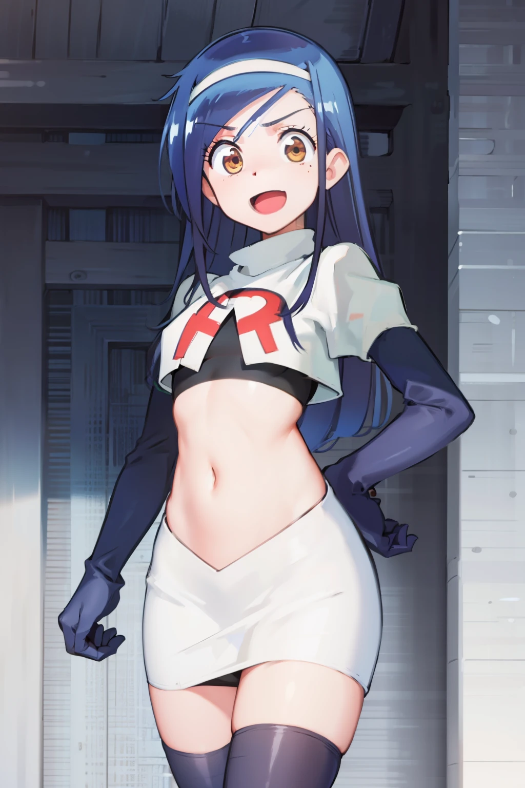 (extremely detailed CG unity 8k wallpaper), (masterpiece), (best quality), (ultra-detailed), (best illustration), (best shadow), (absurdres), 1girl, solo, fumino furuhashi, headband, looking at viewer, :d, small breasts, team rocket,team rocket uniform, red letter R, white skirt,white crop top,black thigh-highs, black elbow gloves,