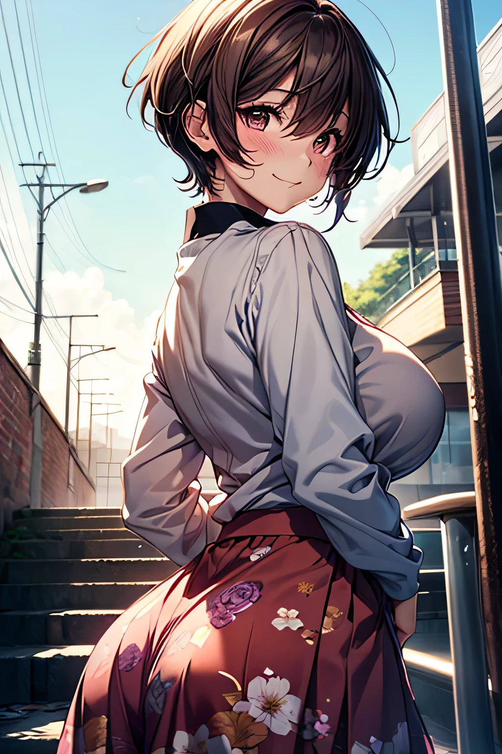 one woman, alone, middle aged, Beautiful woman、I could see the whole body、 ((short hair)), ((brown eyes, beautiful eyelashes, realistic eyes)), ((detailed face, blush:1.2)), ((smooth texture:0.75, realistic texture:0.65, realistic:1.1, Anime CG style)), glamorous body, big breasts, dynamic angle, perfect body,  ((purple transparent prowse, red skirt))、(Hotel stairs)、It&#39;s windy、(Very embarrassing panic smile)、looked back、I can see her ass sticking out in front of me..、Angle looking up from the bottom of the stairs、 (((The wind turned up my skirt、My butt is now completely visible..、Pink floral panties)))、((table top, highest quality, High resolution, perfect pixel,  4K,))), 